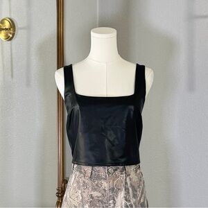 Express Body Contour Faux Leather Square Neck Cropped Tank Top Size L Black